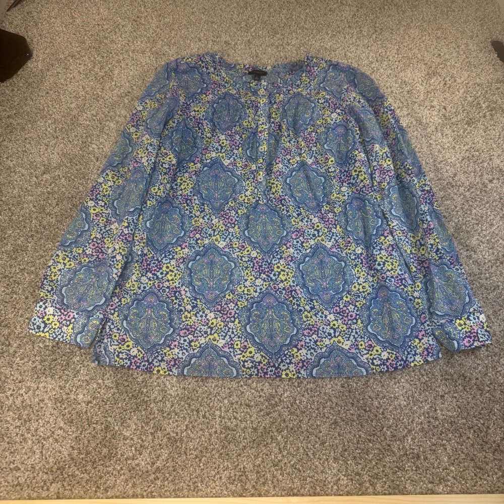 Talbots Womens Blue Yellow Paisley Floral Cotton Ruffle Button Blouse‎ Small